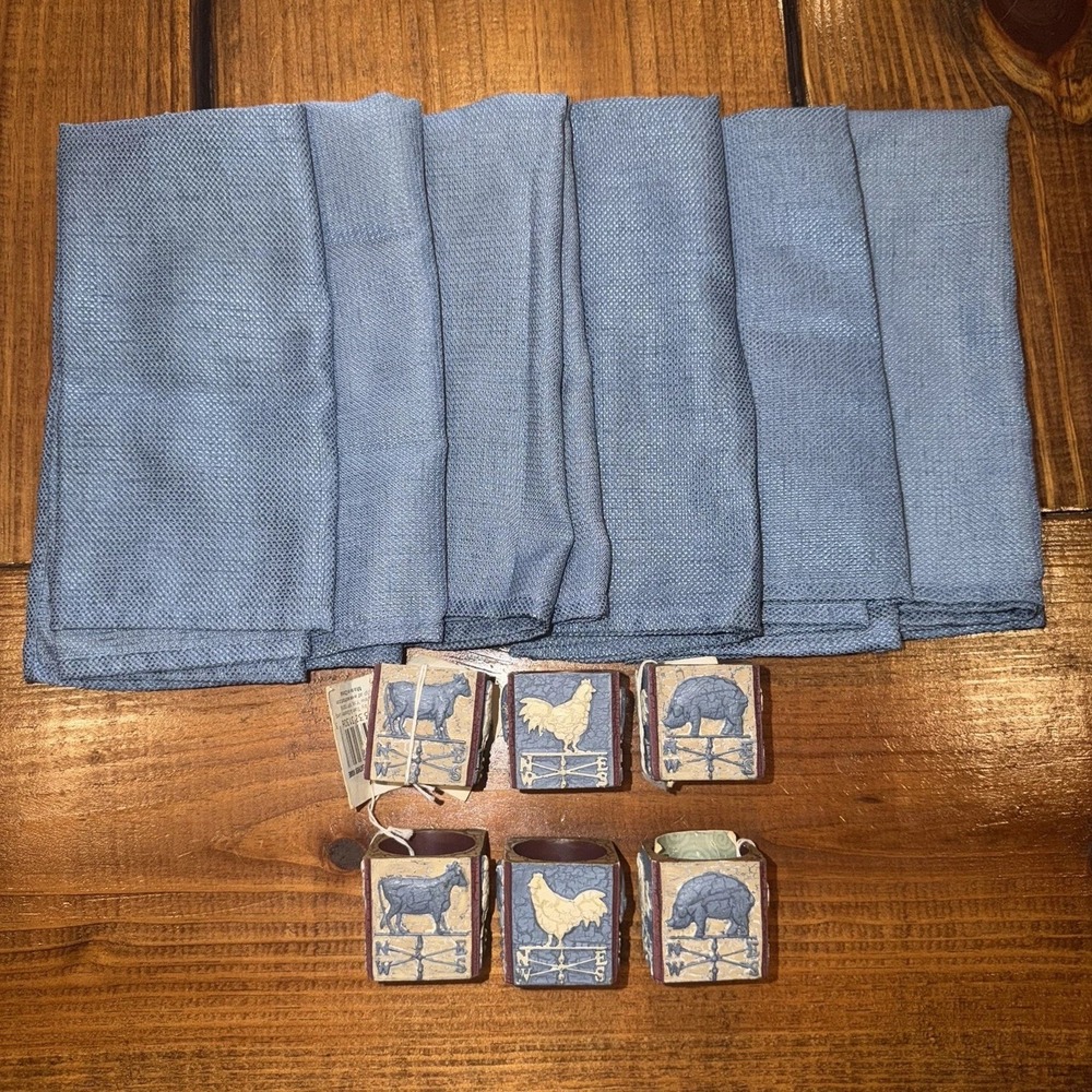 Set 6 Barnyard Animals Resin Napkins & Rings. Rustic Blue Farmhouse Grandmacore